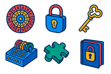 Cipher Puzzle Icons. Isometric vector illustration set Puzzle Codes: circular cipher, lock icon, decorative key, enigma machine,