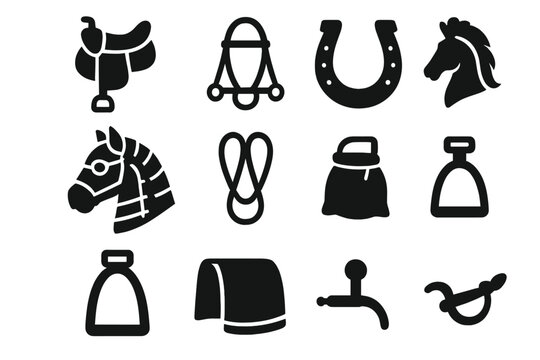Knight's Horse Gear. Solid style icons of knight&rsquo;s horse: saddle, bridle, horseshoe, barding armor, reins, plume, stirrup, feed