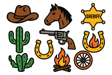 A collection of hand-drawn illustrations depicting classic Wild West imagery including a cowboy hat horse sheriff badge cacti revolvers and a campfire.