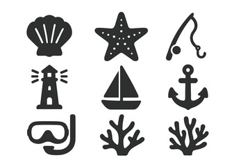 Coastal Adventure Icons. Solid style icons of coastal adventure: seashell, starfish, fishing rod, lighthouse, sailboat, anchor,