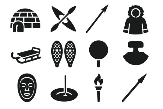 Inuit Culture Icons. Solid style icons of Inuit culture: igloo, kayak, harpoon, fur parka, sled, snowshoes, drum, ulu knife, mask,