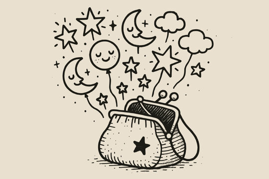 Magical Reticule Unveiled. A doodle scene of a magical reticule opening to reveal glowing stars, happy moons, and tiny clouds