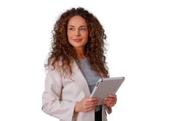 Professional businesswoman holding digital tablet, thinking and looking away, business vision, corporate communication