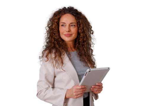 Professional businesswoman holding digital tablet, thinking and looking away, business vision, corporate communication