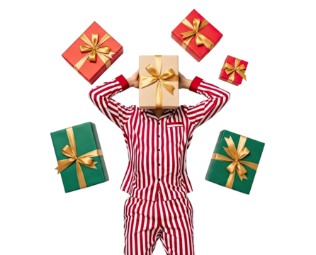 Festive holiday concept of a person in striped pajamas hiding their face with a gift, surrounded by an abundance of presents with gold bows against a solid black background