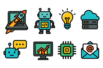 A set of colorful, flat design icons illustrating various aspects of technology, including robots, computers, and cloud computing.