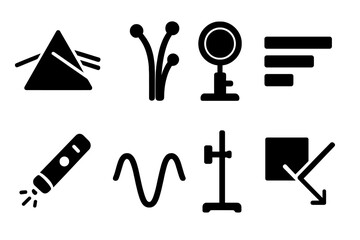 Obraz premium Scientific Light Tools Icons. Solid style icons of Scientific Light Tools: Glass Prism, Optical Fiber, Mounted Lens, Spectrum