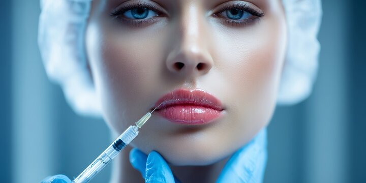 A woman receives a lip injection, her face framed by clinical precision and modern beauty standards. The image conveys transformation, aesthetics, and medical care.