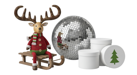 A charming holiday scene featuring a cute reindeer toy in a knitted sweater on a sled next to a shiny disco ball and gift boxes, isolated on a black background for a festive party concept
