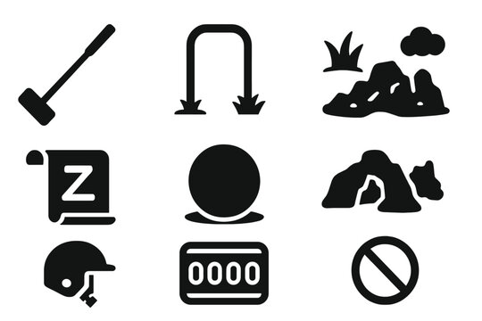 Adventure Croquet Icons. Solid style icons of Adventure Croquet: Mallet, Wicket, Rough Ground, Unusual Rules, Ball, Obstacle,