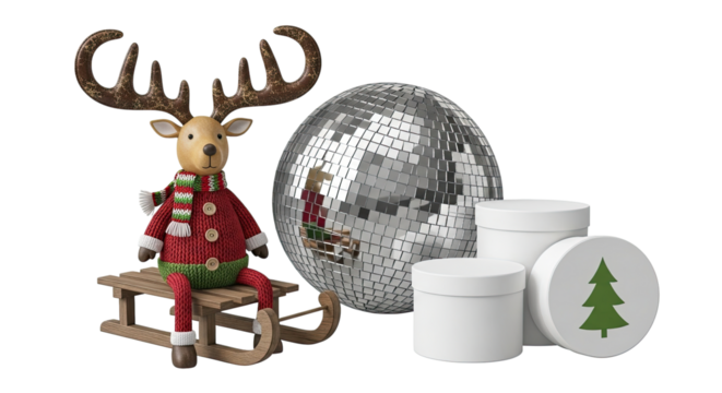 A charming holiday scene featuring a cute reindeer toy in a knitted sweater on a sled next to a shiny disco ball and gift boxes, isolated on a black background for a festive party concept