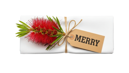 A festive holiday place setting or gift wrap decoration with a red bottlebrush flower and a Merry tag on a white napkin, tied with twine in a flat lay composition on black