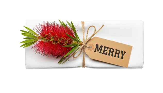 A festive holiday place setting or gift wrap decoration with a red bottlebrush flower and a Merry tag on a white napkin, tied with twine in a flat lay composition on black