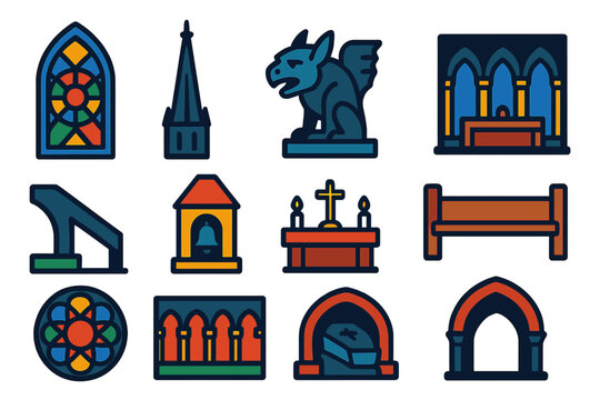 Gothic Cathedral Icons. Flat vector icons of Gothic Cathedral: stained glass, spire, gargoyle, nave, flying buttress, bell tower,