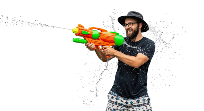 Cheerful young man with a beard wearing a hat and glasses playfully shoots a stream of water from a large toy squirt gun, isolated on a black background
