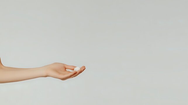 Female hand with open palm gesture against neutral beige background, offering or presenting concept for product placement or design mockup.