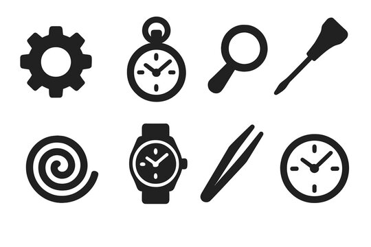 Watchmaking Icon Set. Solid style icons of Watchmaking: Gear, Pocket Watch, Loupe, Screwdriver, Mainspring, Timepiece, Tweezers,