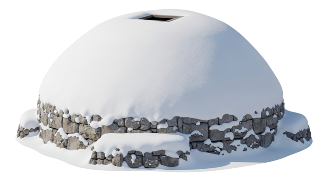 An ancient dome dwelling made of stacked rocks with a snow-covered roof and a square opening at the top, representing a traditional winter shelter isolated from its surroundings