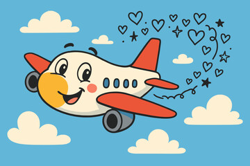 Friendly Airplane Trail. Playful airplane with a friendly face, leaving a trail of doodle hearts and stars across the sky