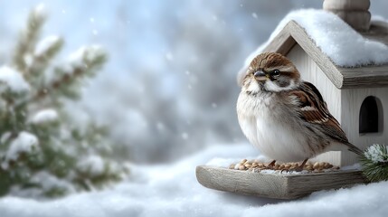 Small sparrow perched on snowy bird feeder in winter landscape with pine tree and falling snow, creating serene seasonal atmosphere.