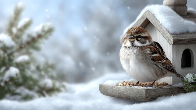 Small sparrow perched on snowy bird feeder in winter landscape with pine tree and falling snow, creating serene seasonal atmosphere.