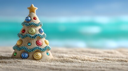 Decorative Christmas tree made of sand and seashells on tropical beach with turquoise ocean background, perfect for holiday travel concepts.