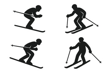 Vector-designed set of skier silhouette icons showing various skiing poses for winter sports