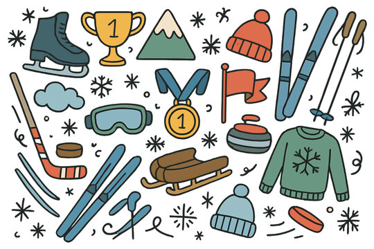 A doodle cartoon set featuring winter sports equipment and symbols