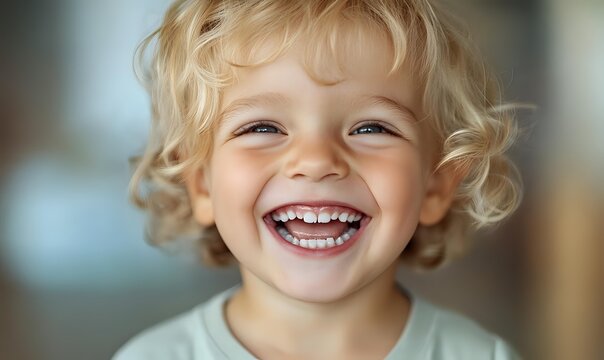 Joyful young child with blonde curly hair laughing with a wide smile showing teeth, expressing pure happiness and innocence against soft-focus background.