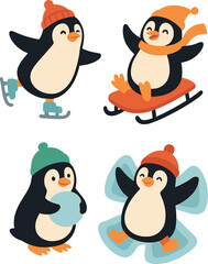 A flat-style, colorful vector illustration featuring a variety of cute, funny penguins enjoying winter leisure, with all elements isolated