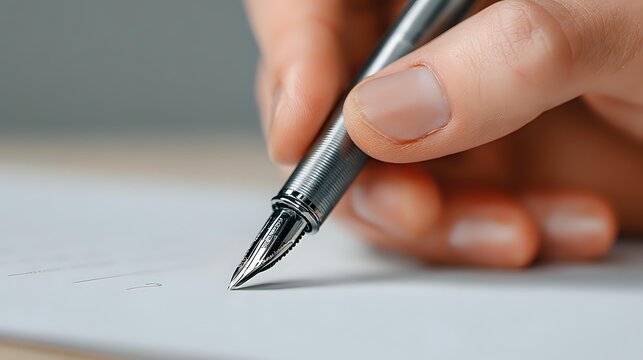 Close-up of hand holding fountain pen poised over white paper, ready for writing or signing documents in professional business setting.
