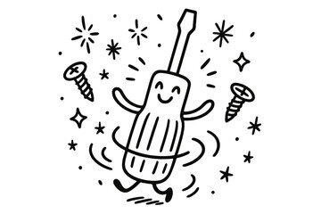 Dancing Screwdriver Delight. Whimsical doodle vector illustration of a smiling screwdriver twirling happily, surrounded by doodle