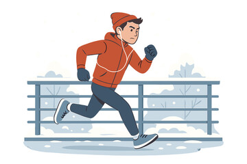 A determined young male athlete jogs across a footbridge, listening to music in the winter