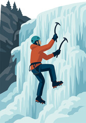 Climbing ice on a frozen waterfall in Cogne, Aosta Valley, Italy