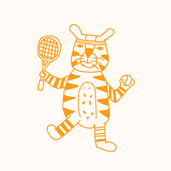 Hand drawn tiger playing tennis cartoon illustration