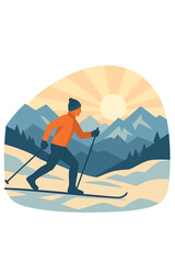 At sunrise, a person cross-country skis across the mountains