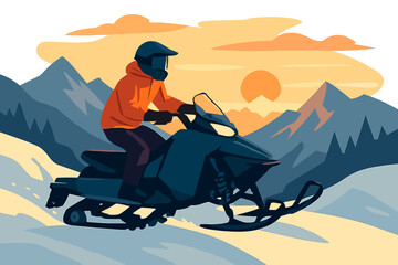 An athlete rides a snowmobile across the mountains at sunset