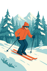 A skier glides through a snowy forest, enjoying winter sports amid the alpine landscape, snow‑covered peaks, and the cold, adventurous outdoors