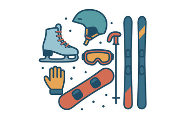A collection of winter sports gear arranged in a flat, round composition style