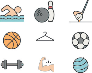 Vector sports line icons featuring swimming, bowling, golf, basketball, cloakroom, football, workout, fitness, and fitball outline pictograms for healthy activity, all with editable strokes