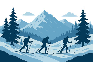Silhouette of a snowy valley with skiers amid a winter mountain landscape