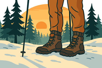 Snowy hiking shoes with trekking sticks amid forest, winter, and sunset