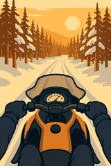 First-person view of a snowmobile rider on a snowy forest trail at golden sunset, hands in winter gloves gripping the handlebars, capturing the adventure of winter sports