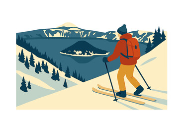 A man wearing a red jacket backcountry skis close to Crater Lake, Oregon during winter