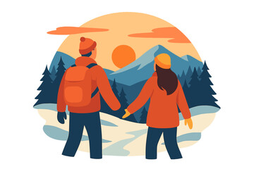 Take a break in the mountains as a family couple strolls hand in hand through the snowy pine peaks at sunset, embodying winter recreation and tourism