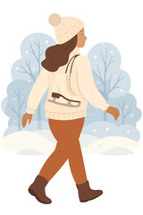 A beautiful woman wearing a white sweater and hat, with ice skates on her back, walks through a snowy winter park