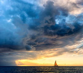 Sunset Inspirational Dramatic Approaching Storm Clouds Sailing Sailboat Ocean Hope Journey Adventure