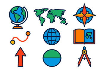 Flat Atlas Icons. Flat vector icons of Atlas: globe, world map, compass rose, navigation lines, meridian, longitude, latitude,
