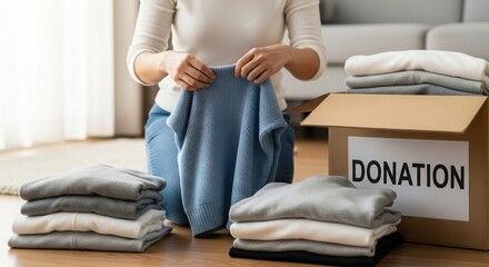 Woman packing clothes for donation into a labeled donation box