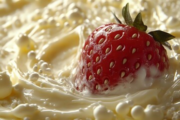 Fresh ripe strawberry splashing into creamy vanilla custard with droplets creating texture contrast, perfect for dessert advertising.